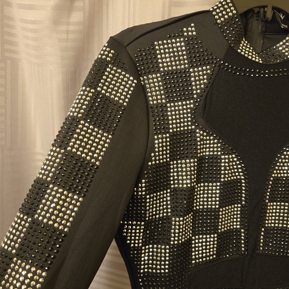 Black Rhinestone Checkered Long-Sleeve Bodysuit - Picture 4 of 11